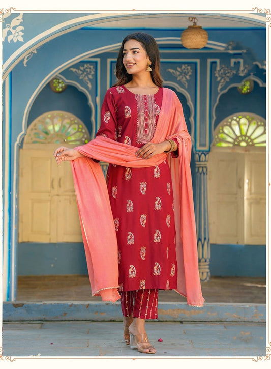 Gorgeous Rayon With Gold Fancy Printed Embroidery Work Red Colored Kurti With Dupatta Sets