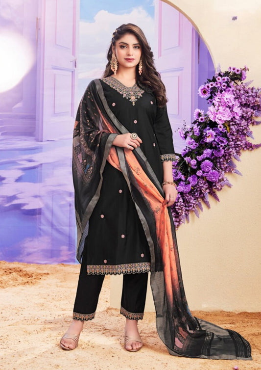 Elegant Black Color Roman With Heavy Embroidery Work Kurti Suit For Women