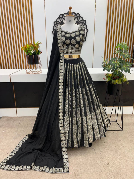 Beautiful Black Color Heavy Embroidery Sequins Work Lehenga Choli For Women