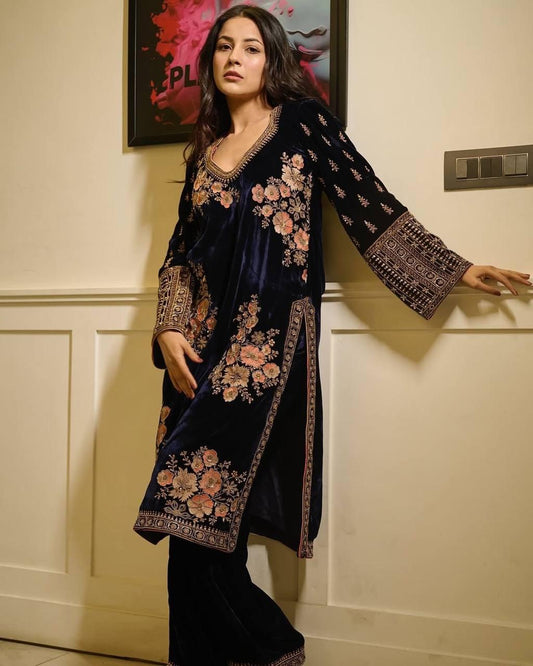 Attractive Dark Blue Color Viscose Embroidery And Sequins Work Palazzo Suits With Dupatta