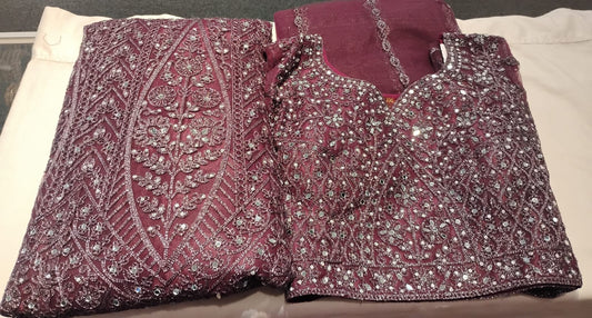Alluring Wine Color Net With Embroidery, Mirror And Stone Work Lehenga For Women