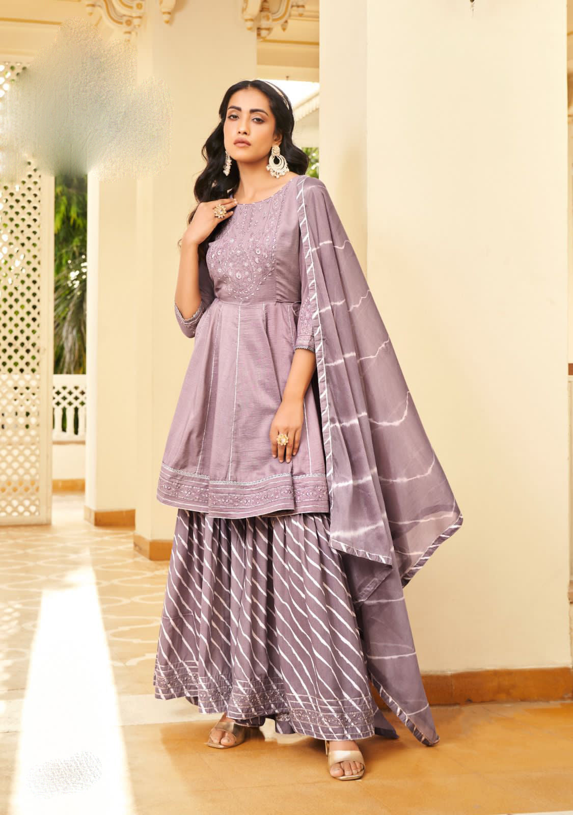 Alluring Lavender Color Sharara Suits With Dupatta And Embroidery Sequins Work