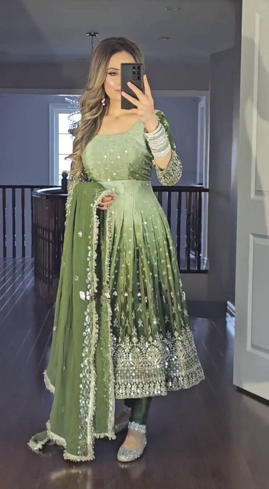 Elegant Light Green Heavy Chinon Silk Anarkali Set With Embroidery Work