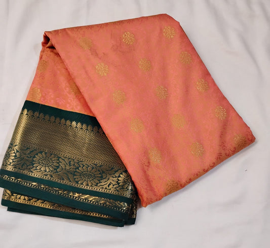 Amazing Orange Color Pure Kanchi Silk With Dark Green Border Gold Zari Work Saree For Women