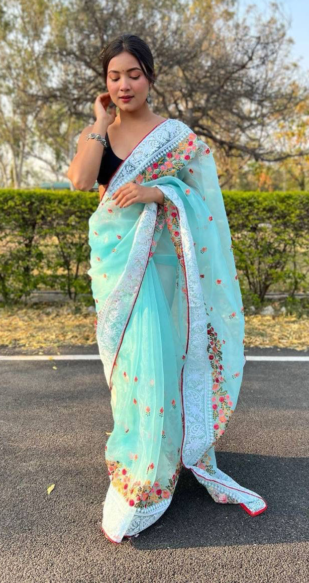 Gorgeous Sky Blue Colored Soft Organza Silk Designer Viscose Border Sarees For Women