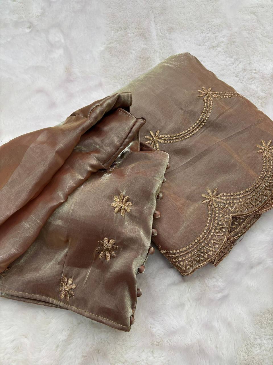 Pretty Light Brown Colored Jimichu Party Wear Sequins Saree With Embroidery Work