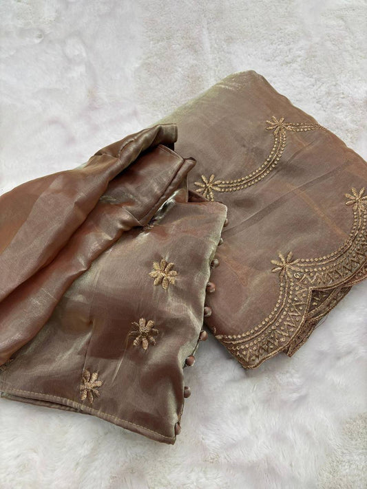 Pretty Light Brown Colored Jimichu Party Wear Sequins Saree With Embroidery Work