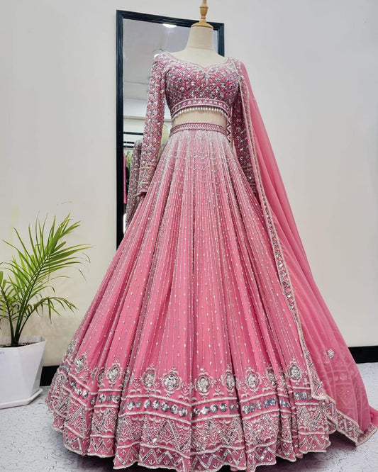 Alluring Pink Color Heavy Embroidered Sequins Work Lehenga Choli With Dupatta