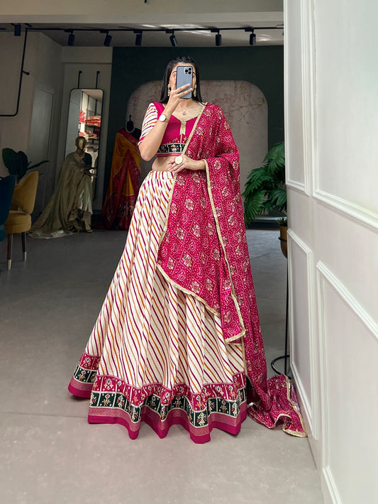 Charming Pink Colored Pure Cotton Laheriya With Patola Print Work Chaniya Lehenga Choli With Dupatta