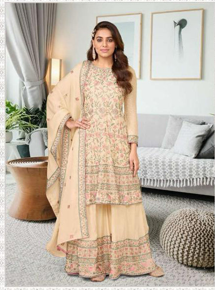 Appealing Peach Colored Heavy Chinon Embroidery Work Palazzo Suits With Dupatta Sets