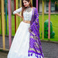 Stunning White Color Cotton Lehenga Set With Purple Color Dupatta For Women