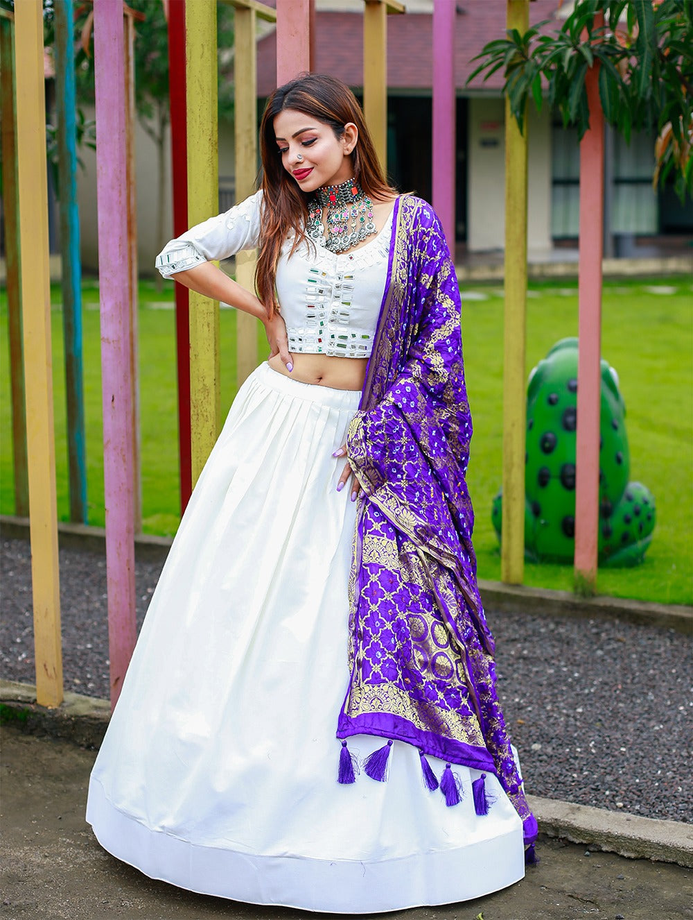 Stunning White Color Cotton Lehenga Set With Purple Color Dupatta For Women