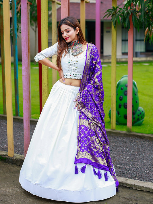 Stunning White Color Cotton Lehenga Set With Purple Color Dupatta For Women