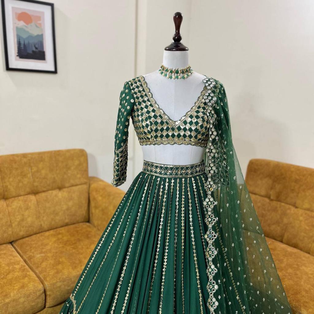 Attractive Green Colored Party Wear Sequins Lehenga & Choli Near Me