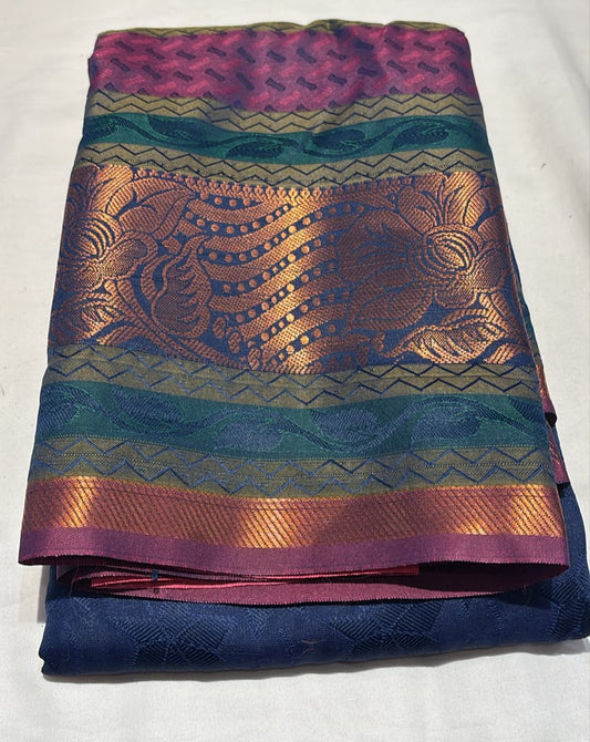 Amazing Navy Blue Color Pure Kanchi Silk With Gold Zari Work Border Saree For Women