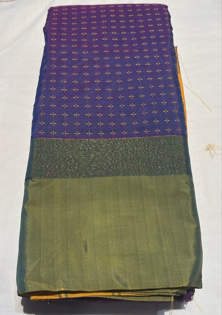 Fabulous Royal Purple Color Pure Kanchi Silk With Beautiful Green Color Motifs Border And Gold Zari Work Saree For Women