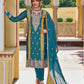 Attractive Teal Blue Colored Premium Silk Embroidery Work Salwar Suits With Fancy Dupatta