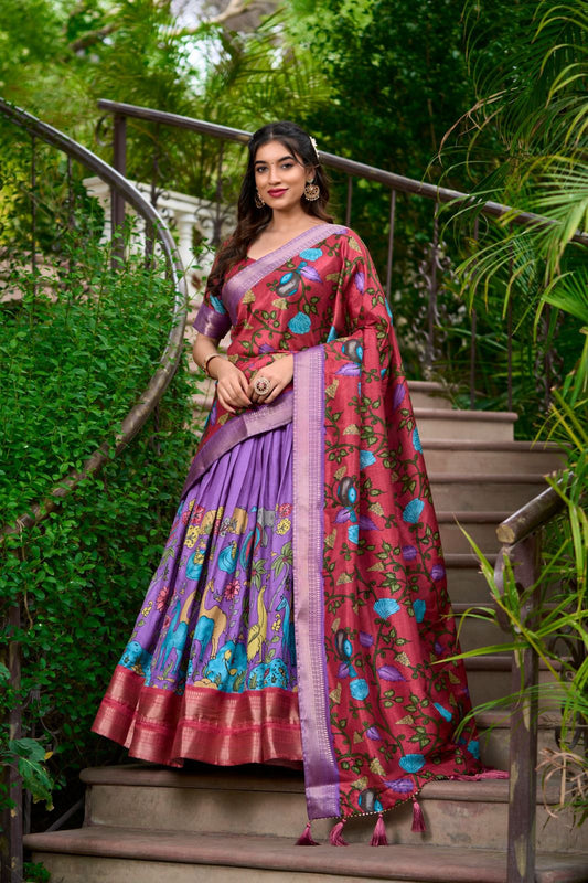 Alluring Red Colored Kalamkari Print With Zari Weaving Border Lehenga Choli With Dupatta