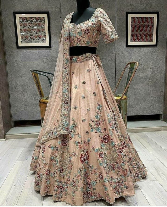 Fancy Floral Heavy Embroidered Peach Color Malay Satin Lehenga For Women