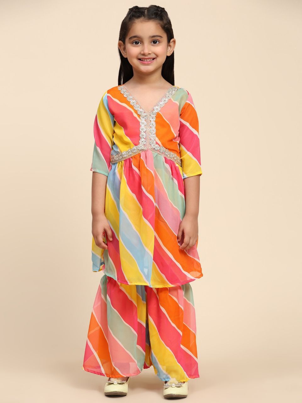 Appealing Multicolor Rayon Lace Border Work Sharara Suits For Girls