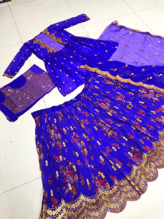 Wonderful Blue Color Faux Georgette With Embroidery Printed Work Lehenga Choli For Women