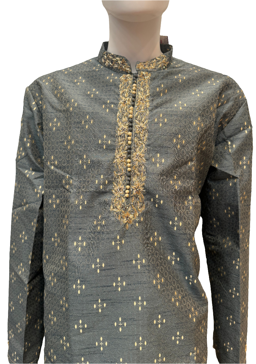 Pretty Gray Color Pure Zardozi handwork Kurta With Pajama For Men