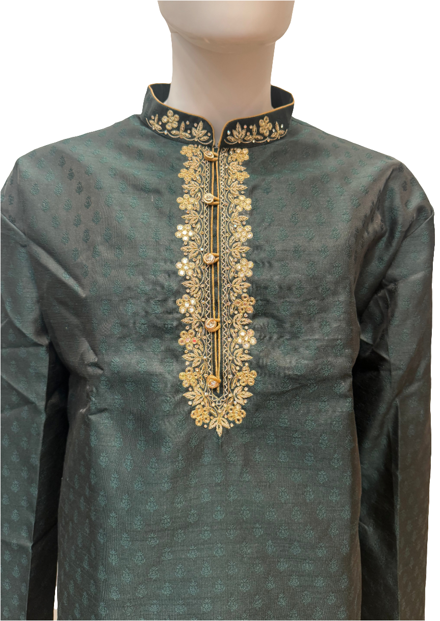 Wonderful Green Color Pure Zardozi Embroidered handwork Kurta With Pajama For Men