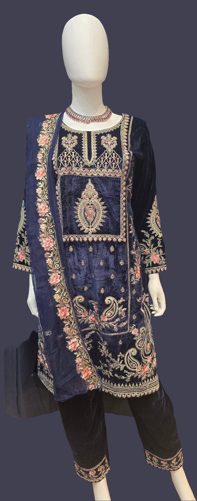 Attractive Dark Blue Velvet With Embroidery Work Salwar Suits With Dupatta For Women