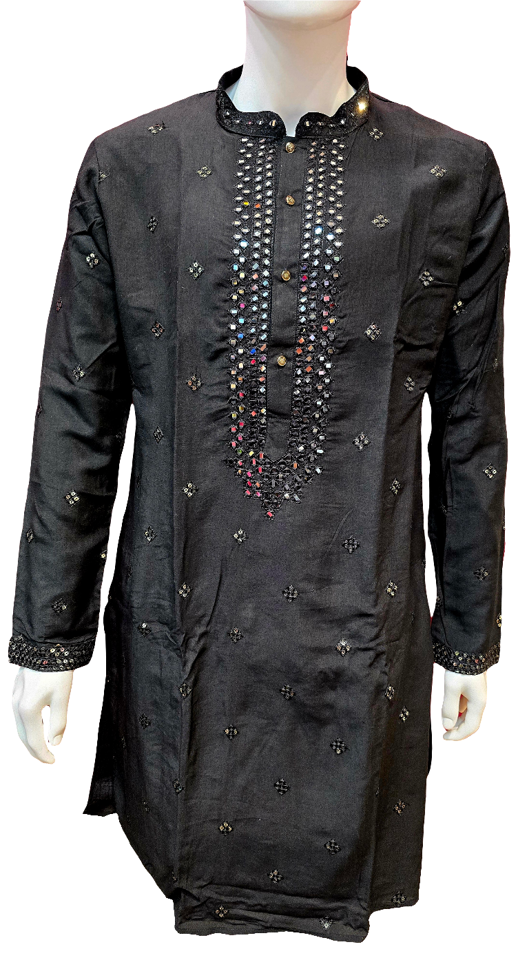Beautiful Black Colored Silk Brocade Kurta Suits For Men