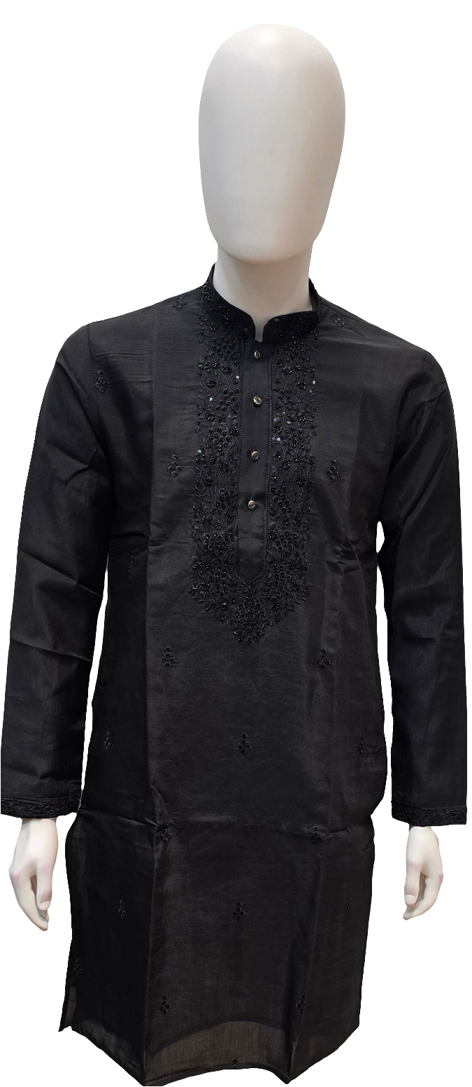 Attractive Black Color Silk Embroidery Kurta With Pajama Suits For Men