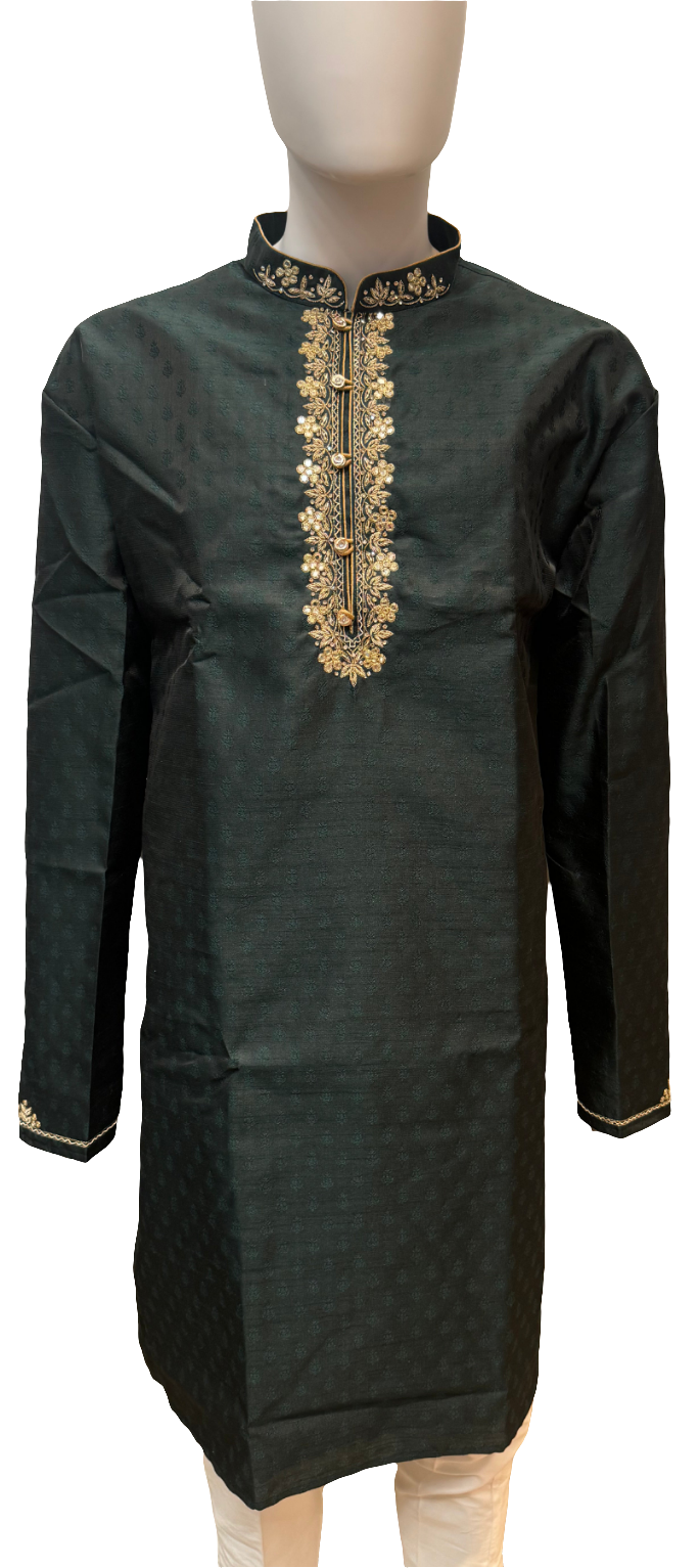 Wonderful Green Color Pure Zardozi Embroidered handwork Kurta With Pajama For Men