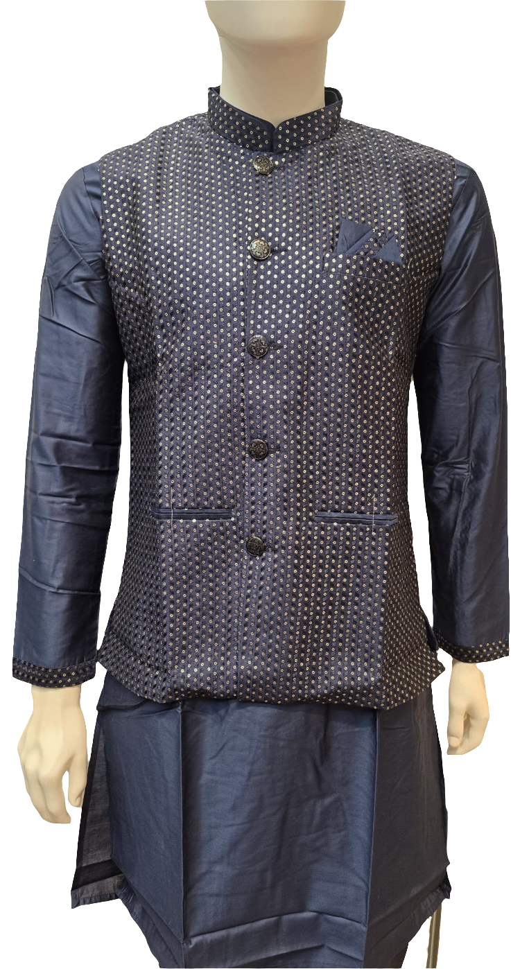 Alluring Navy Blue Color Soft Silk Kurta With Pajama For Men