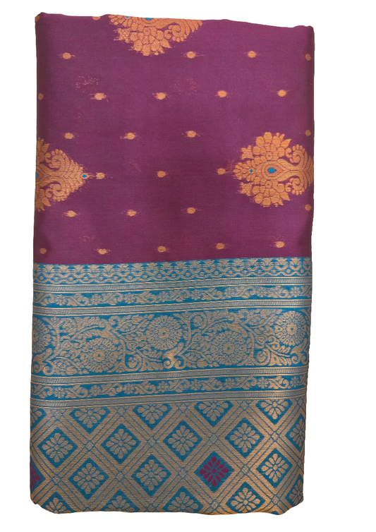 Gorgeous Purple and Teal Blue Art Silk Saree Included Blouse With Gold Zari Work