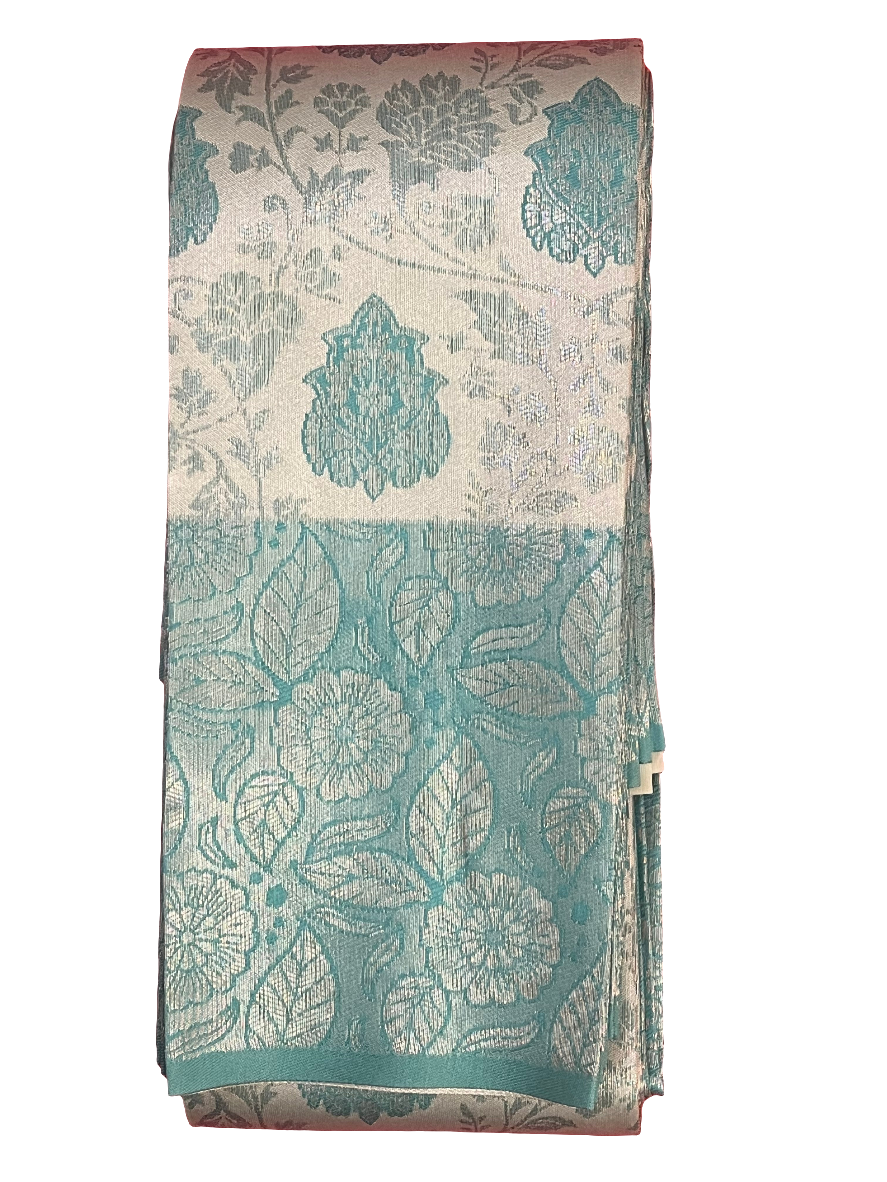 Alluring Teal Green Flower Design Tissue Silk Saree