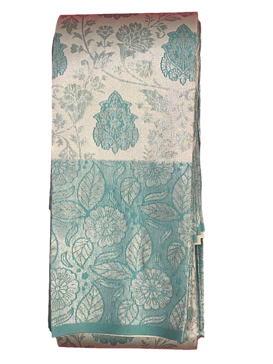 Alluring Teal Green Flower Design Tissue Silk Saree