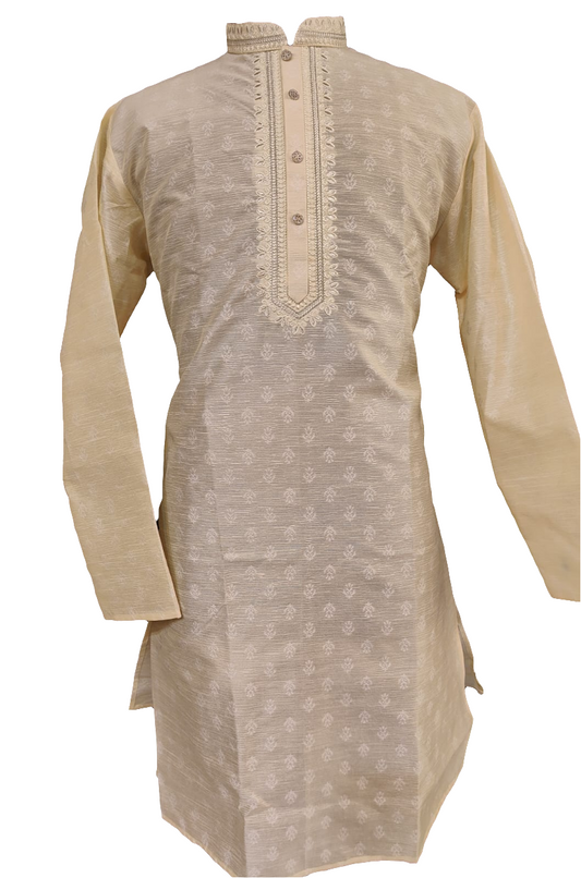 Attractive Sandal Color Silk Full Sleeve Embroidery Work Kurta Pajama Set For Men
