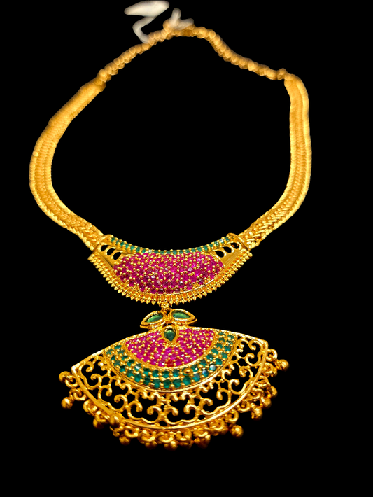 Traditional Gold Plated Beaded Ruby And Green Stone Necklace