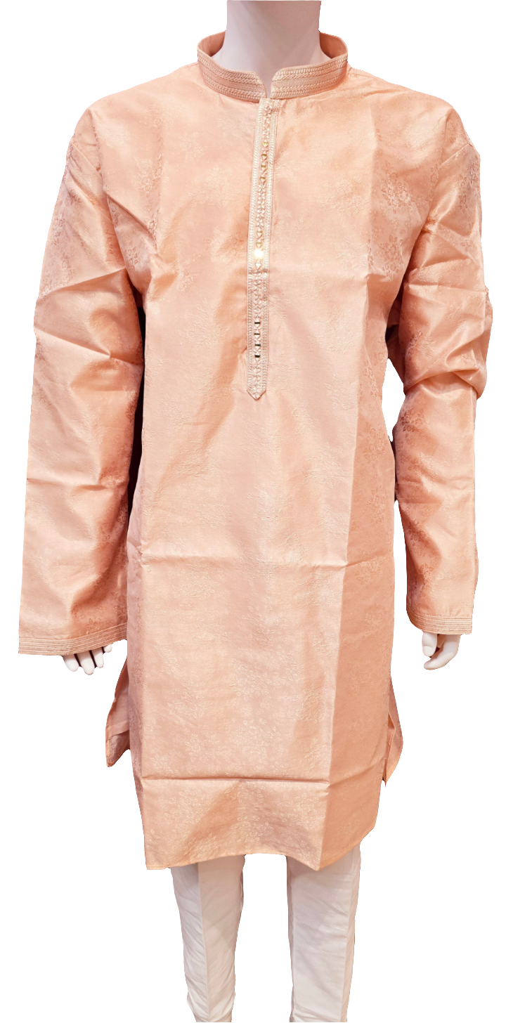 Alluring Light Orange Color Self Design Party Wear Men's Jacquard Kurta Suits