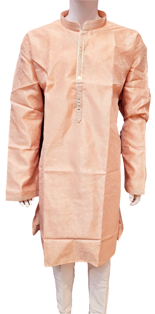 Alluring Light Orange Color Self Design Party Wear Men's Jacquard Kurta Suits