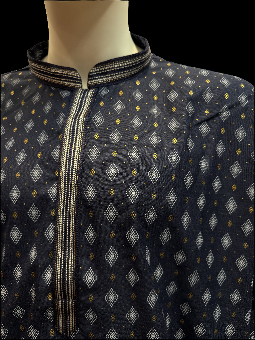 Beautiful Blue Color Cotton Kurta Set With White And Golden Design