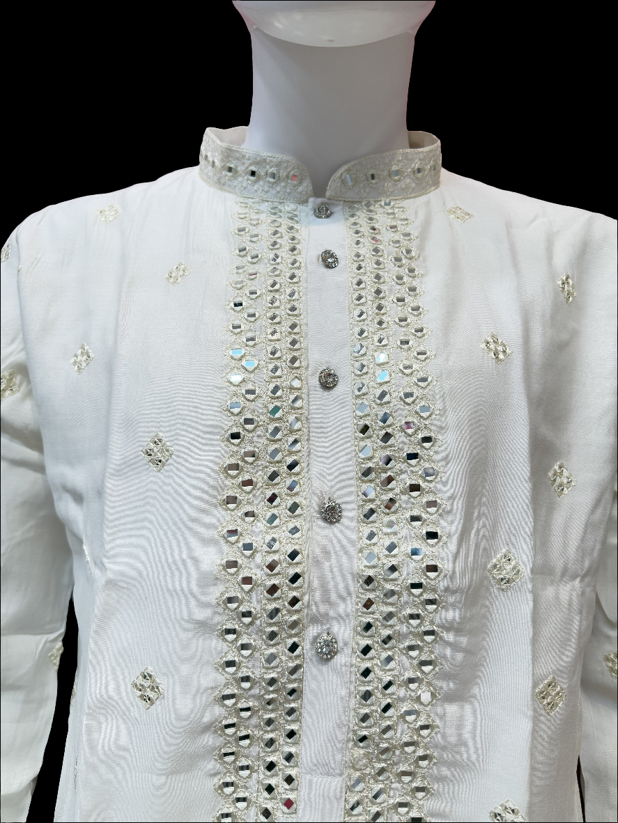 Attractive Cream Color Silk Kurta With Embroidery Work Suits For Men