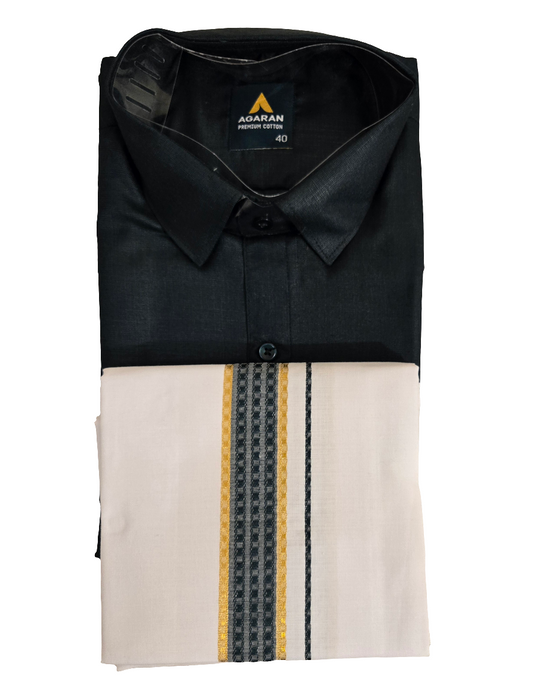 Elegant Dark Green Color Half Sleeves Cotton Shirt With Matching Border Dhoti Set For Men