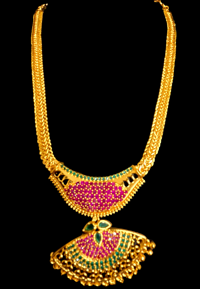 Gold Plated Beaded Ruby And Green Stone Necklace In USA