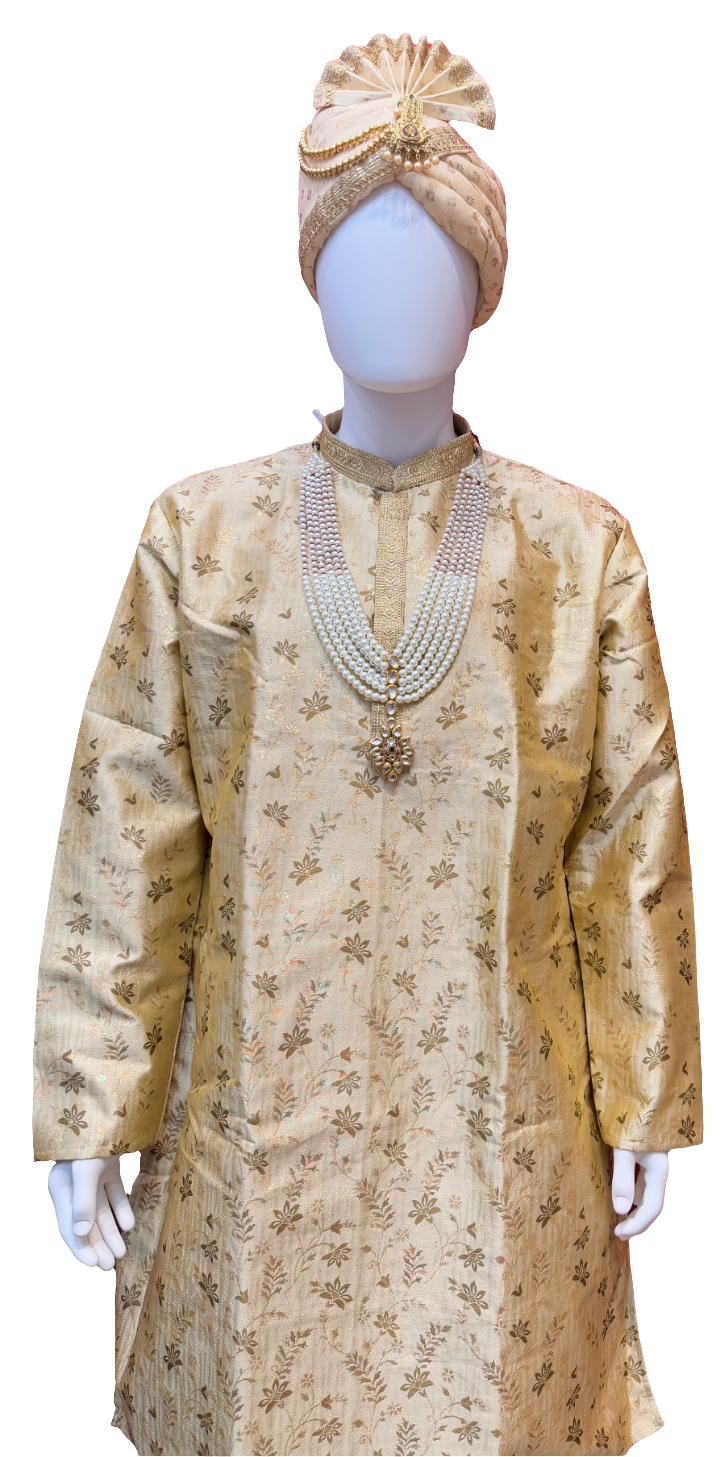 Beautiful Gold Color Zari Brocade With Linning Embroidery Work Kurta Pajama Pant For Men