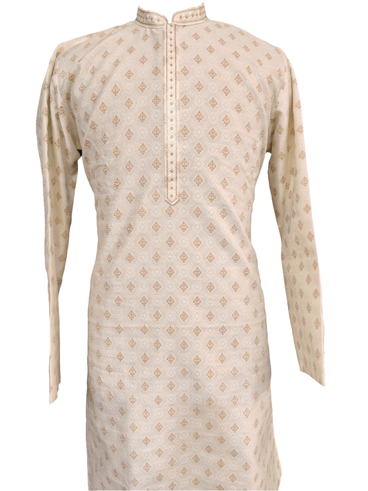 Charming Cream Color Silk Full Sleeve Embroidery Work Kurta Pajama Set For Men