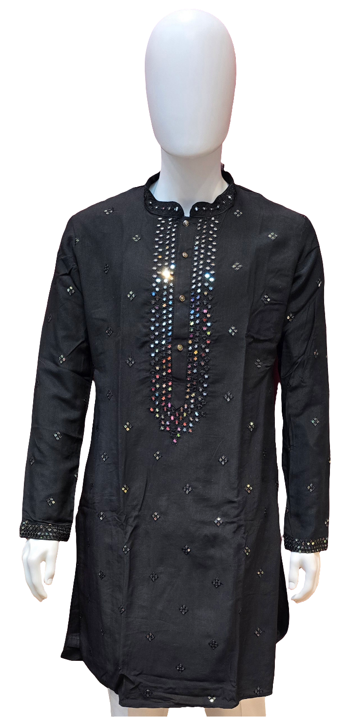 Beautiful Black Colored Silk Brocade Kurta Suits For Men
