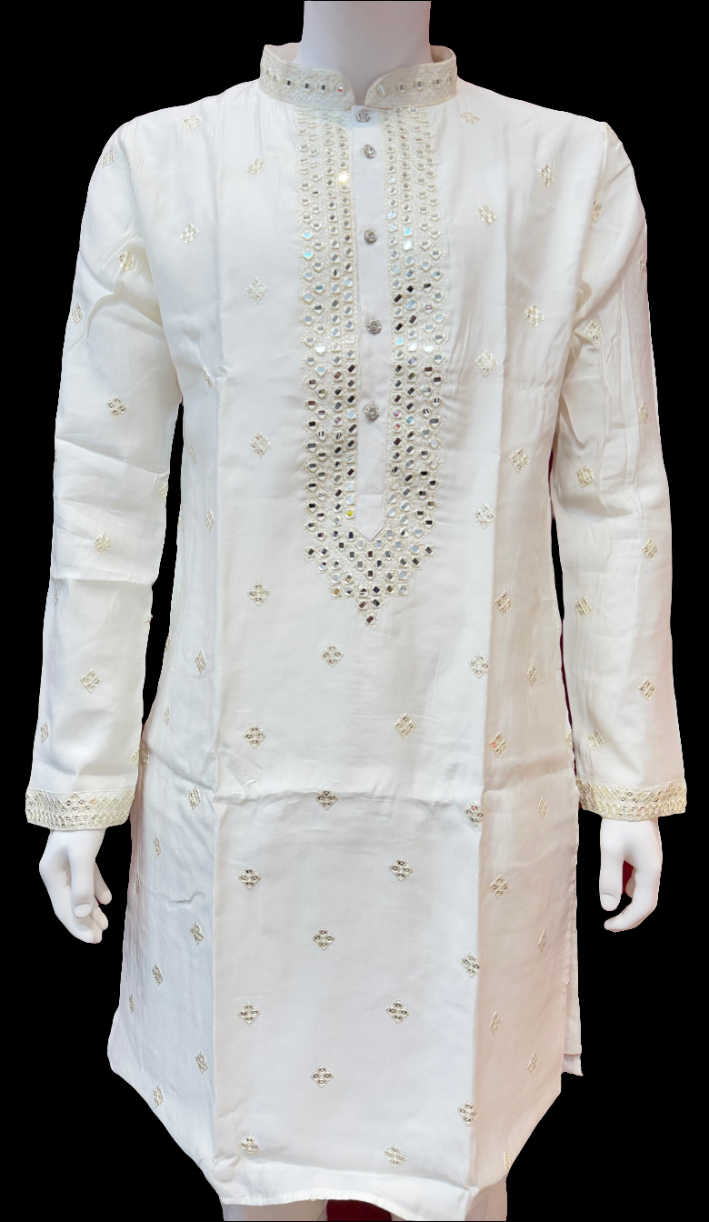 Attractive Cream Color Silk Kurta With Embroidery Work Suits For Men