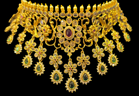 Elegant Red And Green Stones With Gold Plated Choker Necklace For Women
