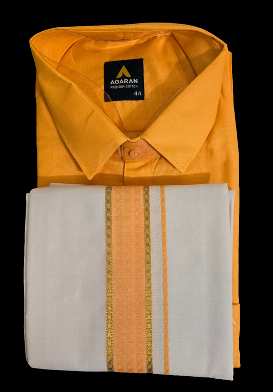 Beautiful Light Orange Color Half Sleeves Cotton Shirt With Matching Border Dhoti Set