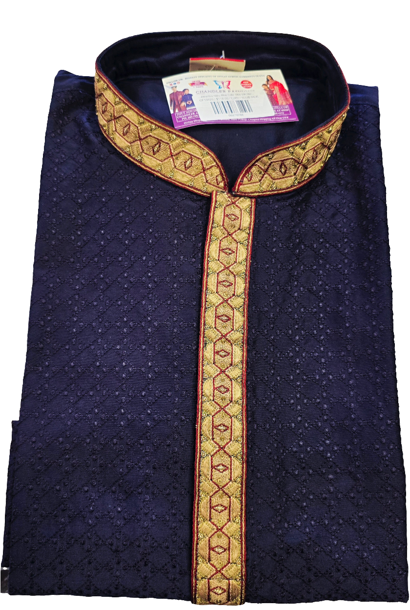 Attractive Navy Blue Color Slub Silk Neck Embroidery Work Men's Kurta With Pajama Set